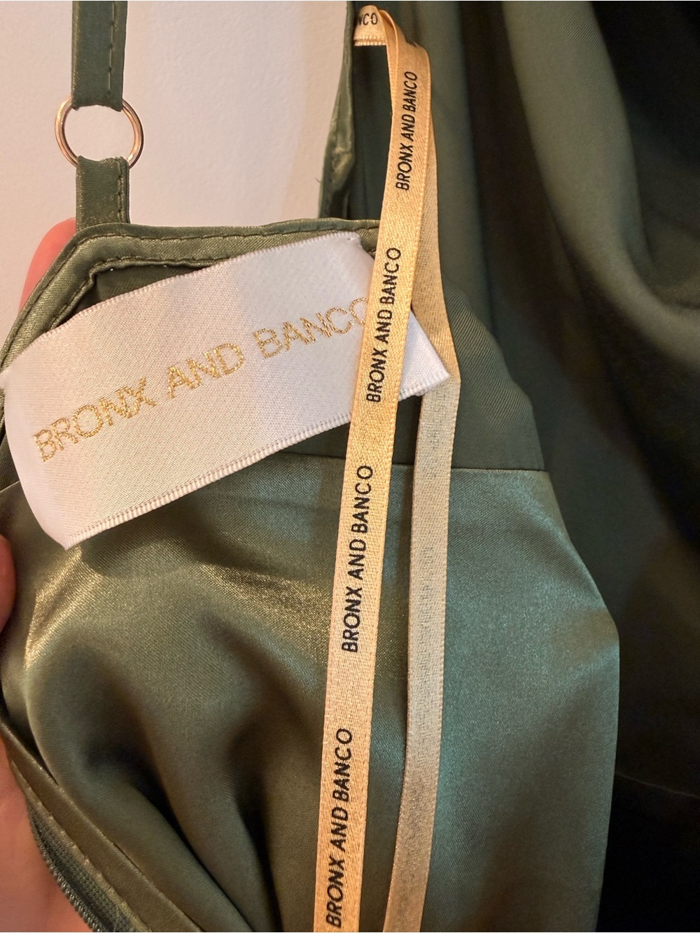 NEW Bronx Banco Leo Sage Maxi Dress, Olive Green Satin Cowl Neck Evening Gown - Picture 13 of 16